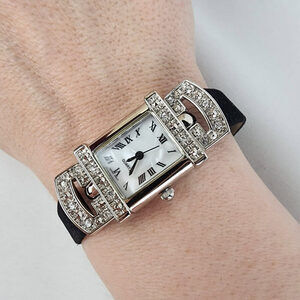 Quartz Silver & Rhinestone Black Band Watch